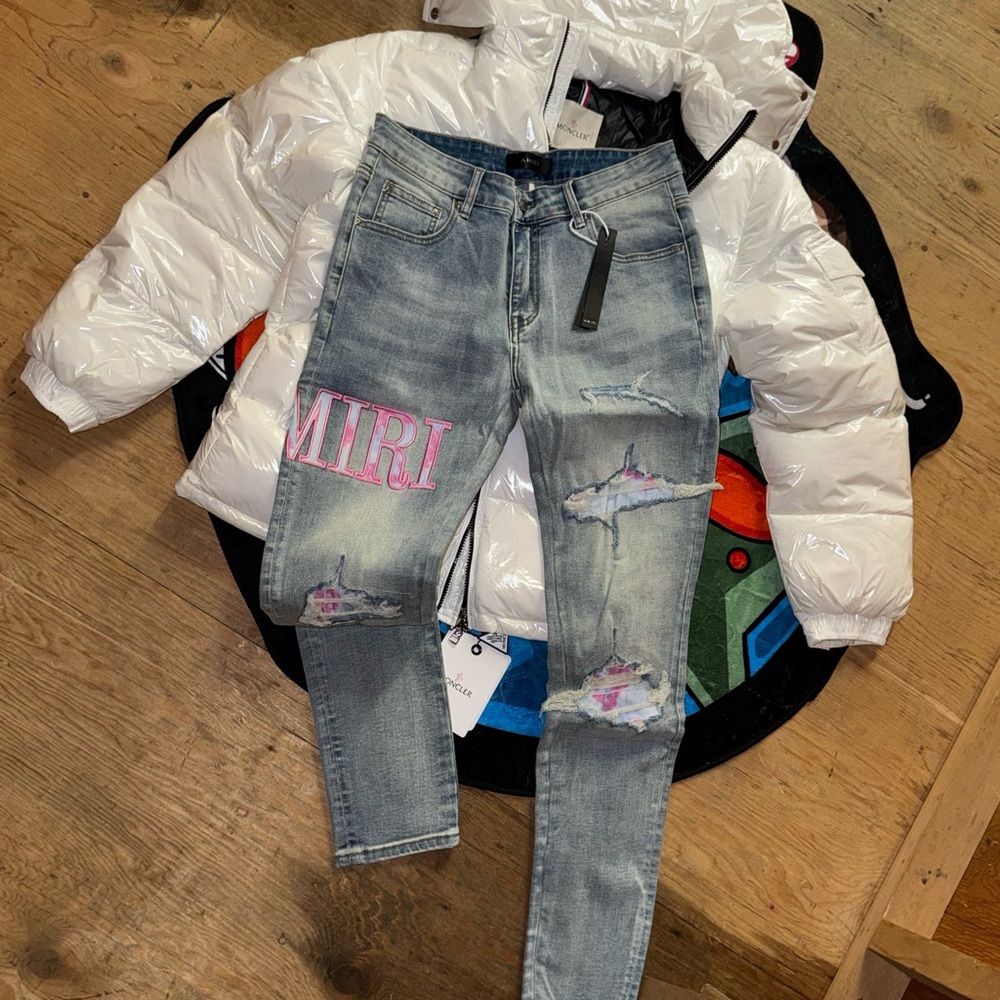AMIRI Blue and Pink Skinny Jeans